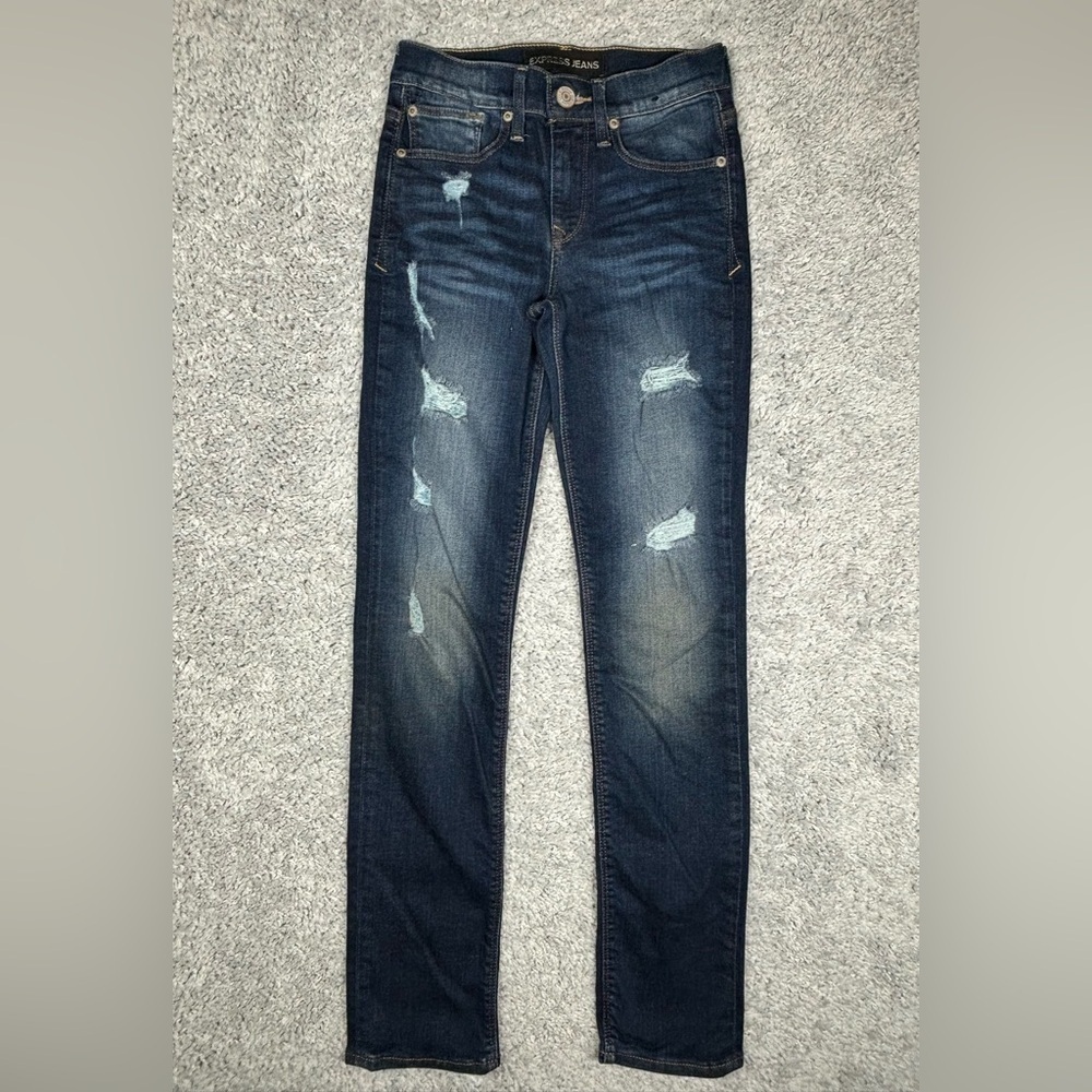 Express Jeans Womens 00 Cropped Skinny Mid Rise Dark Wash Streetwear Distressed